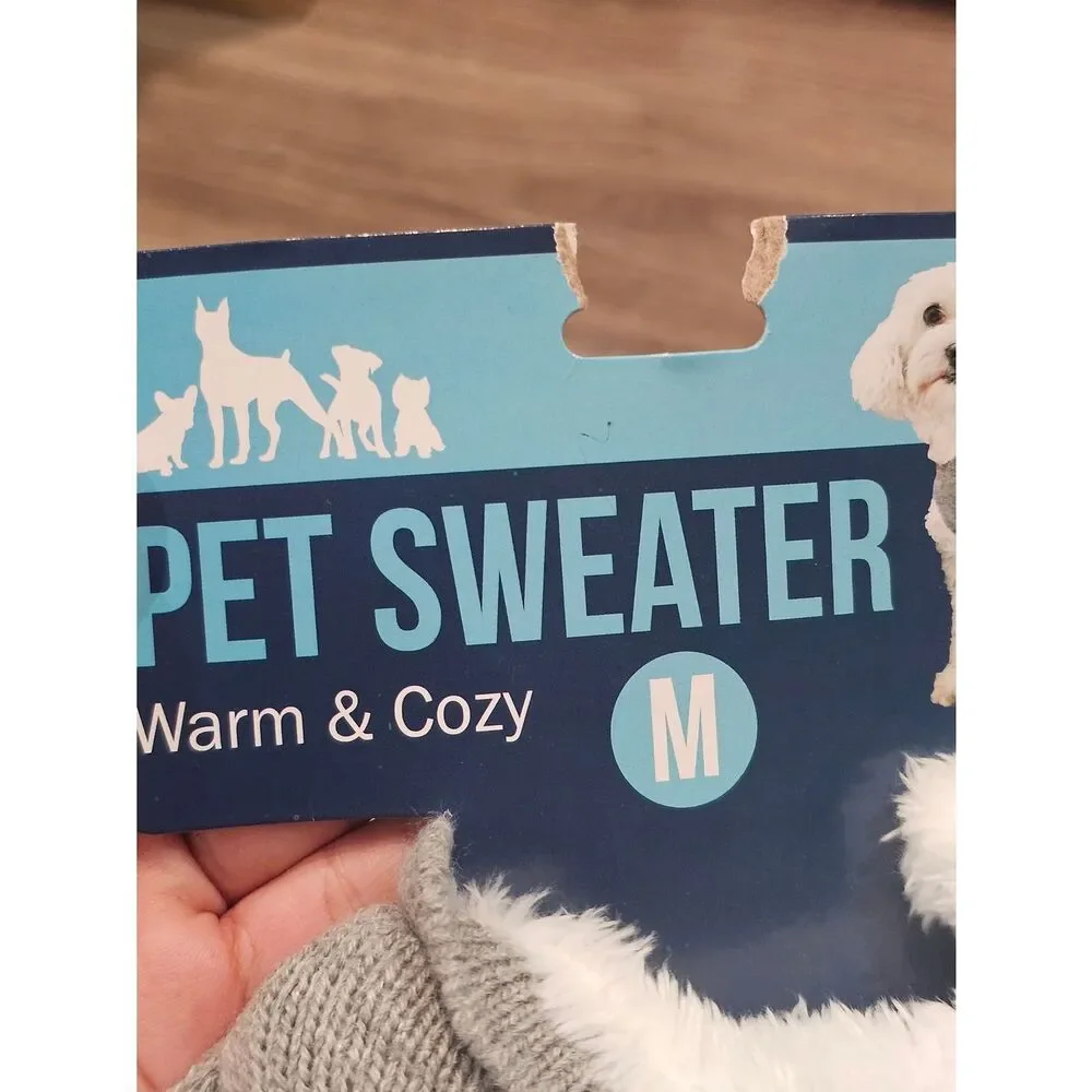 NEW Pet Sweater Size M Grey Knit Dog Sweater with Hood and Pom - Picture 3 of 3